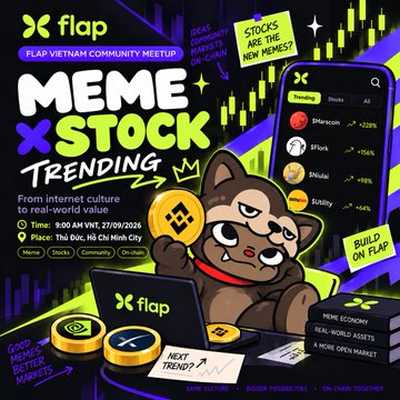 A promotional graphic for 'FLAP' Vietnam Community Meetup titled 'MEME x STOCK TRENDING,' scheduled for 9:00 AM on 27/09/2026 at Thủ Đức, Hồ Chí Minh City, featuring a cartoon dog mascot with crypto coins and trending meme tokens like Ethereum, Bflork, Dilwif, and Utility.