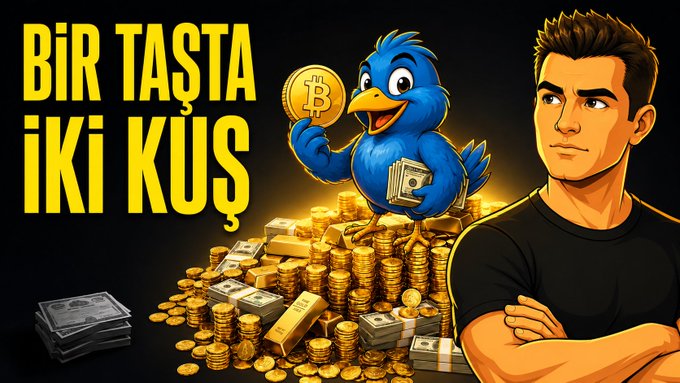 The image shows a stylized graphic featuring a cartoon blue bird holding a Bitcoin coin and cash, standing atop piles of gold coins and dollar bills, alongside a muscular cartoon man with crossed arms, with the Turkish text "BİR TAŞTA İKİ KUŞ" ("Two Birds with One Stone") prominently displayed in yellow. The image visually represents the post's theme of accomplishing two goals at once, tying the Turkish idiom to crypto earnings.