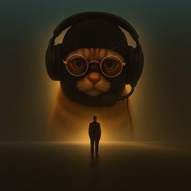 A surreal digital artwork showing a small human silhouette standing before a giant cat wearing glasses and a headset with a microphone.