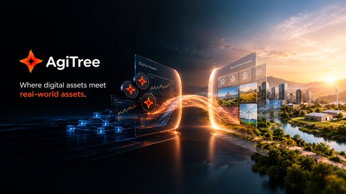 A promotional graphic for 'AgiTree' with the tagline 'Where digital assets meet real-world assets,' showing digital currency flowing between a cityscape and financial charts.