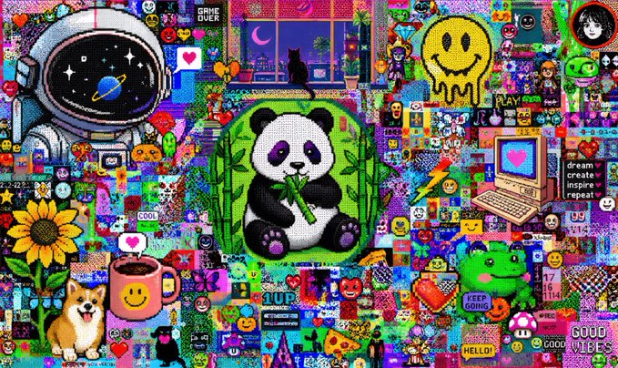 The image shows a colorful collage with various items, including cartoon animals, people using different objects such as laptops, cups, and mice, as well as other cartoon-like designs. The colors of the objects are predominantly bright, making for an eye-catching display that includes panda bears among these elements. 

The post in question states that two of the pieces have been updated with a reduced price of333 per item, likely to increase their availability and visibility on social media platforms or by collectors. The collage itself is worth at least 1,000 tokens each. The image doesn't provide any additional context about what the collage might be advertising or promoting but serves as an interesting visual treat for those who enjoy such quirky and colorful artwork.