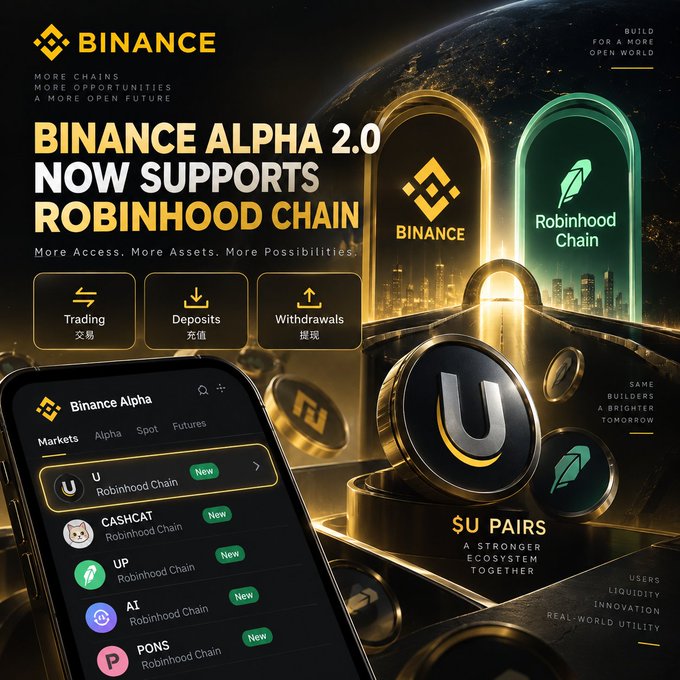 A Binance promotional graphic for 'BINANCE ALPHA 2.0 NOW SUPPORTS ROBINHOOD CHAIN,' featuring a mobile app interface showing new tokens like CASHCAT, UP, AI, and PONS, alongside coin imagery and features for Trading, Deposits, and Withdrawals.