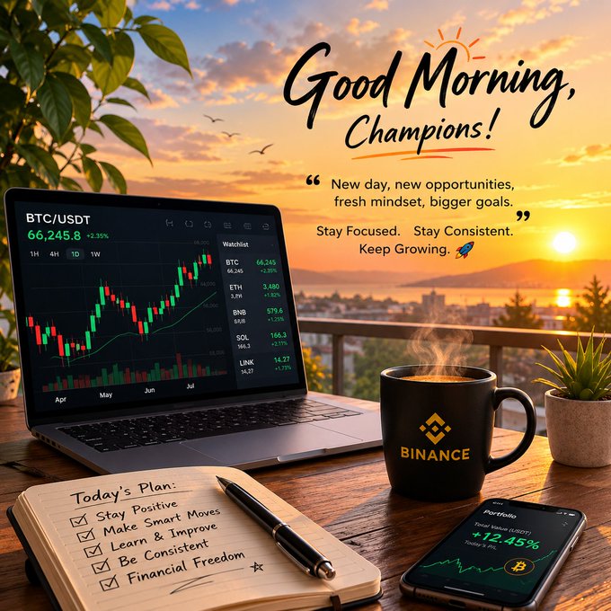 A motivational 'Good Morning, Champions!' scene featuring a laptop displaying BTC/USDT at 66,245.8, a Binance-branded mug, a notebook with 'Today's Plan' checklist, and a phone showing a +12.45% portfolio gain at sunrise.