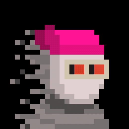 Pixel art character with a pink head, glowing red visor, and a gray glitching/dissolving body on a black background.