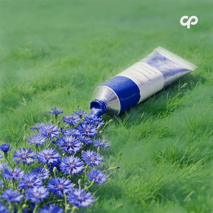 A tube of blue paint spilling onto green grass, with a cluster of blue flowers blooming where the paint meets the ground.