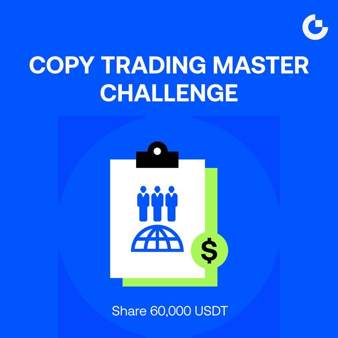 The image features a poster with a blue background promoting a Copy Trading Master Challenge contest. The logo of the challenge company can be seen at the bottom left corner of the poster. The theme of the contest involves copy trading, and the goal is to win an impressive prize pool of 60,000 USDT by participating in the final stages. The poster also announces that this year's challenge starts at $55,000 and is open for a limited time only. To join or learn more about it, you can find the website here: www.futureTradingChallenge.com/en/trading-master-challenge".