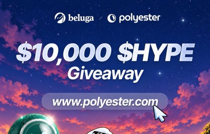Promotional banner for a "$10,000 $HYPE Giveaway" by Beluga and Polyester, displayed against a starry purple sky with the URL www.polyester.com.