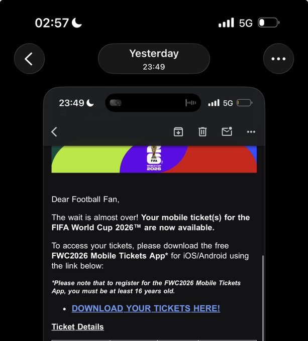 An email at 23:49 confirms mobile tickets for the FIFA World Cup 2026 are available for download via the FWC2026 Mobile Tickets App, providing the link and registration requirements for fans. This relates to the post, as the user had to give away their Portugal vs Spain tickets due to visa issues and will now watch from home instead.