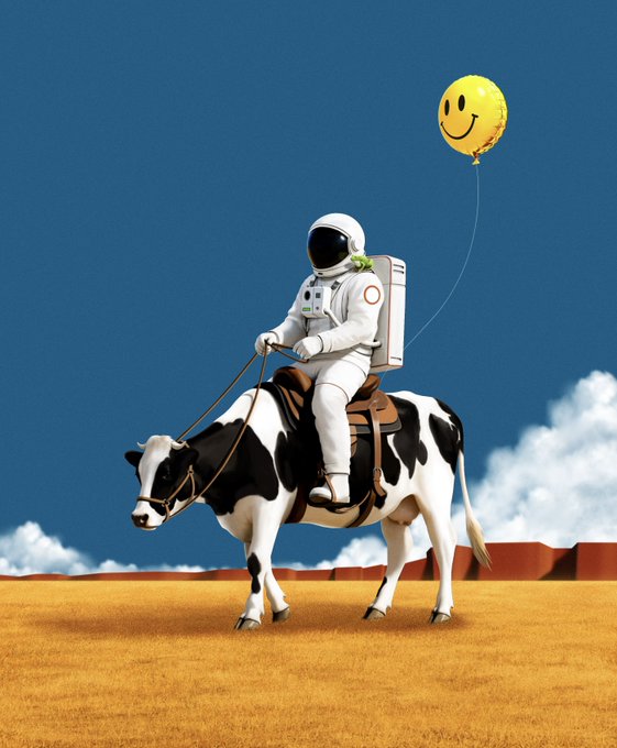 A whimsical scene of an astronaut in a white spacesuit riding a black and white cow through a golden field, holding a yellow smiley-face balloon against a clear blue sky.