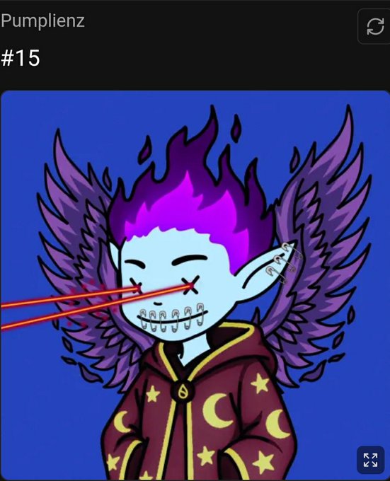The image shows a stylized cartoon character labeled "Pumplienz #15" at the top, featuring a blue-skinned figure with purple flame-like hair, large purple wings, X-shaped eyes, and a stitched mouth, wearing a maroon robe adorned with stars and crescent moons while shooting red laser beams from its eyes. This corresponds to the user's post, which celebrates receiving a free "PumpAlienz" NFT from the @SuiPump_SUMP mint as a reward for holding @SuiPunkNFT, highlighting their excitement about collecting these themed digital collectibles on the Sui blockchain.