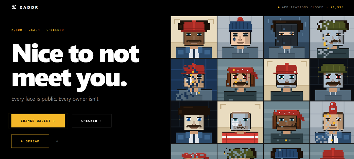 A Zcash (ZEC) promotional webpage by Zaddr featuring the headline 'Nice to not meet you. Every face is public. Every owner isn't.' alongside pixel-art avatars resembling CryptoPunks.