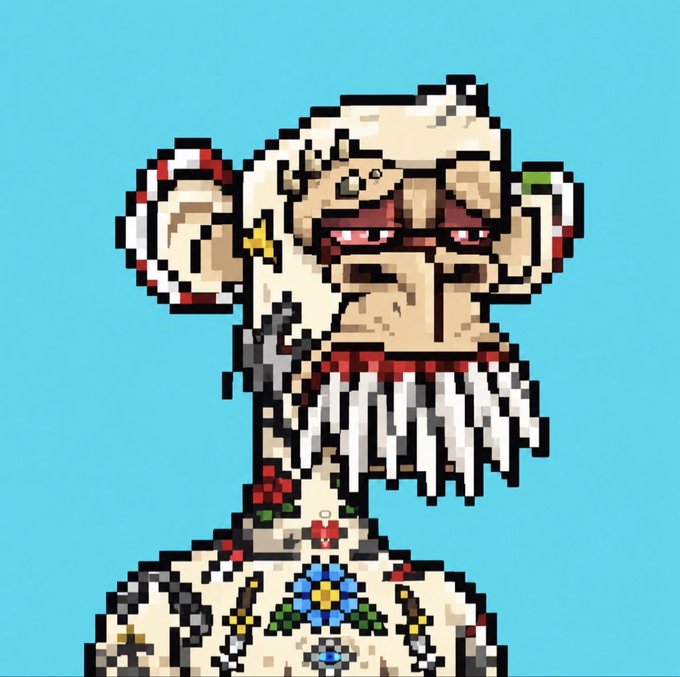 Pixel art depicting a tribal warrior character with bone tusks, facial markings, and a decorated garment against a solid blue background.