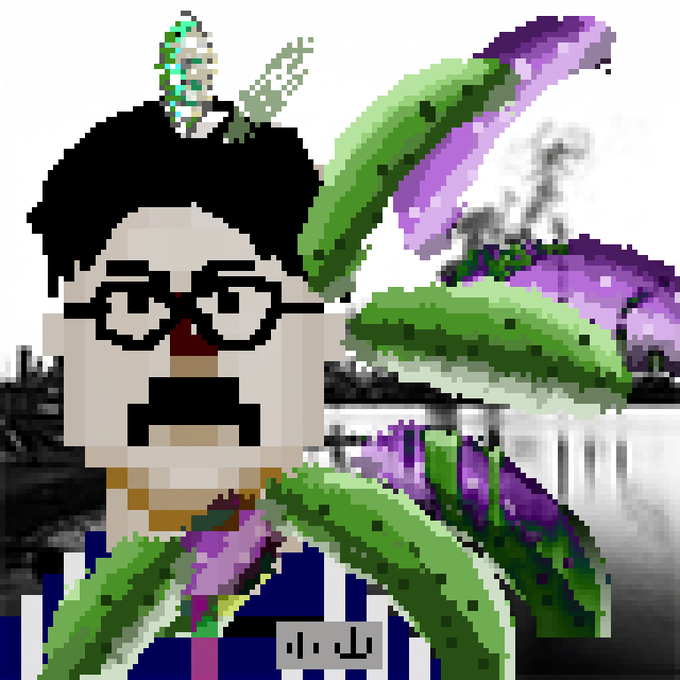 A pixel art portrait shows a bespectacled figure with a small green serpent on his head, surrounded by multiple whole pickled cucumbers in green and purple hues, with a microphone visible at the bottom. The surreal composition visually represents the character's pickle-themed greeting, "Would you like a whole pickled cucumber today?" from the CryptoGoro Day 1852 NFT auction for "KOYAMA TOMMY GORO -after life-" ending July 28.