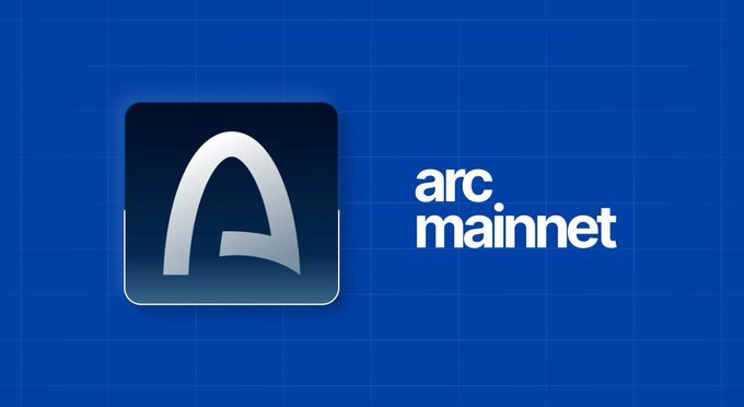 The "arc mainnet" logo featuring a stylized white 'A' inside a dark rounded square on a blue grid background.