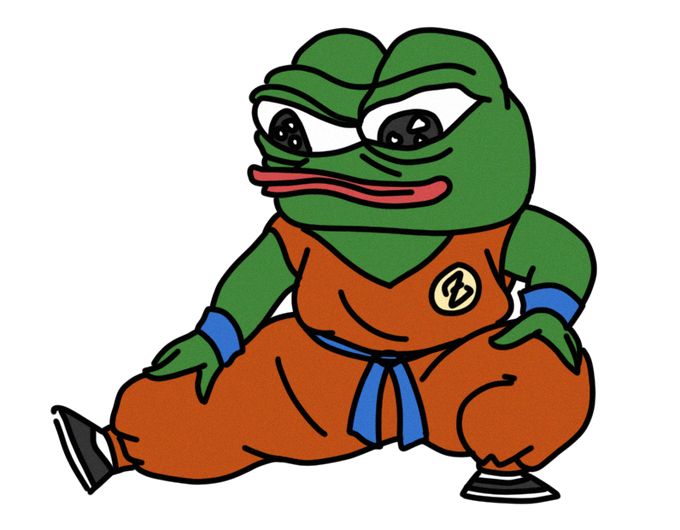 An illustration of a green frog character with big eyes wearing an orange martial arts gi with a blue belt and a symbol on the chest.