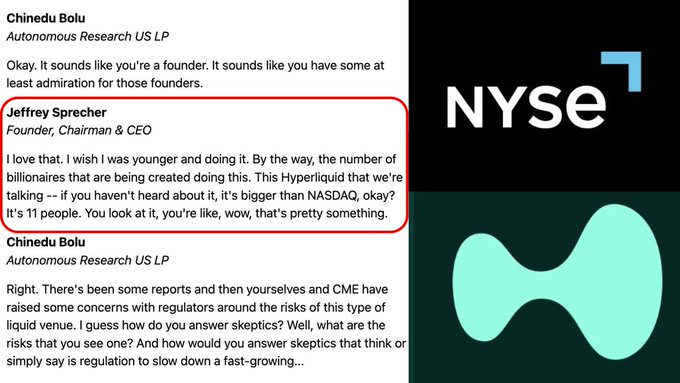 The image shows a screenshot of an advertisement featuring a logo with a speech bubble above and below it, reading "I love that I was younger and doing it. By the way, the number of people who wish they were younger." Below this is a screenshot of two posts on a cryptocurrency trading platform named 'HYPE' in blue with white text containing a quote from someone saying "CFTC just flipped the Switch and i'm getting stupid bullish on $HYPE Holy shit".