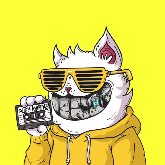 An illustration of a white cat wearing a yellow hoodie and shutter shades, holding a cassette tape labeled "Riley Anthems" against a yellow background.