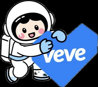 The image features an adorable cartoon character, likely an astronaut or a space enthusiast, wearing a white outfit with blue accents. The character has a big smile and is holding up a heart-shaped sign that says "VeVE". The background of the image is black, which contrasts nicely with the white and blue colors of the character's outfit and the heart sign. The caption below the image reads: "And Claritzha did it again! Look at that wig in her short vid @bankrbot send  $OMI on Base to VeVe’s cosplayer n°1 @claritzhalatina I’m sure we’ll see here as a VeVe soon enough".