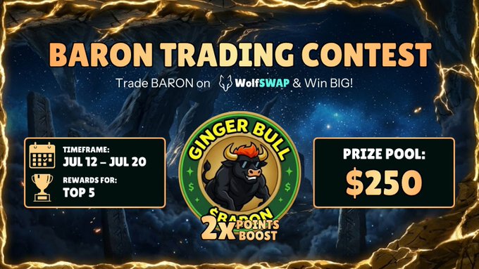 A 'BARON TRADING CONTEST' promotional banner on Wolfswap with a $250 prize pool, running from July 12-20, featuring a 'Ginger Bull Season 5' badge with 2x points boost.