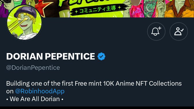 The image shows a Twitter/X profile for "Dorian Pepentice" (@DorianPepentice), featuring an anime-style blonde character with a cap in the profile picture and a verified checkmark, with a banner mentioning Japanese text. The bio describes it as "one of the first Free mint 10K Anime NFT Collections on @RobinhoodApp • We Are All Dorian," which aligns with the post announcing a free mint of a 10,000-supply anime NFT collection inspired by a Japanese boy and Pepe the Frog, minting on July 17th.