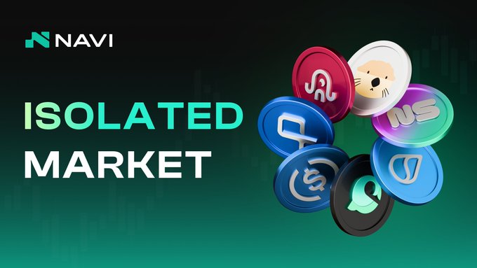 The image features a collection of colorful coins scattered across a green background with the text "Isolated Market" written above them, and the word "navi" below. The coins are of various sizes and colors, including red, blue, yellow, black, white, and purple. They appear to be floating in mid-air or falling from the sky, creating an interesting visual effect. The image also includes a caption that reads "Sui Ecosystem lending is evolving Sui ecosystem assets are moving into dedicated isolated markets on NAVI", which seems to be related to the coins' presence in the image.