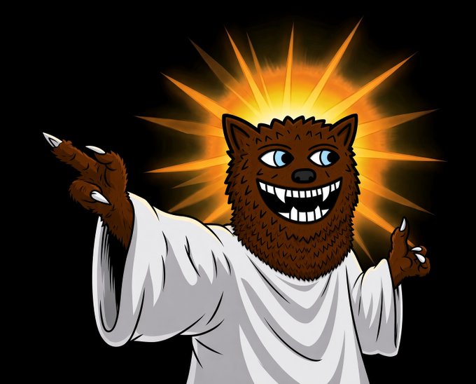 An illustration of a brown furry wolf-like creature with a wide toothy grin wearing a white robe, with an orange sunburst halo behind it against a black background.