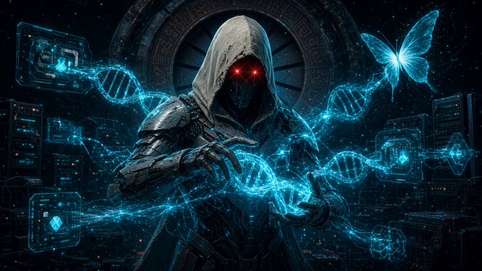 A digital artwork depicting a hooded figure with red eyes manipulating glowing blue DNA strands and a bright butterfly hologram.