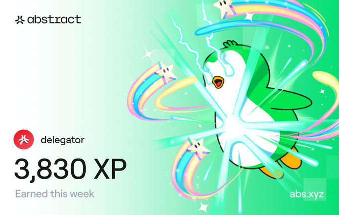 A vibrant promotional graphic for the 'abstract' platform showing a delegator who earned '3,830 XP' this week, featuring a cartoon penguin character surrounded by glowing light effects, rainbows, and stars on a green background.