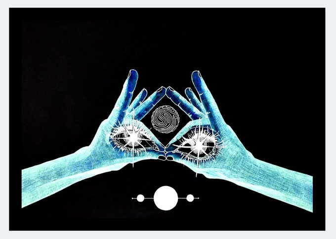 Two blue-toned hands forming a diamond shape against a black background, with a fingerprint in the center and stylized eyes and celestial symbols below.