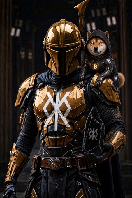 A digital artwork depicting a futuristic warrior in ornate gold and black armor with a white symbol on the chest, carrying a Shiba Inu dog wearing a hood and a Bitcoin medallion on his shoulder.