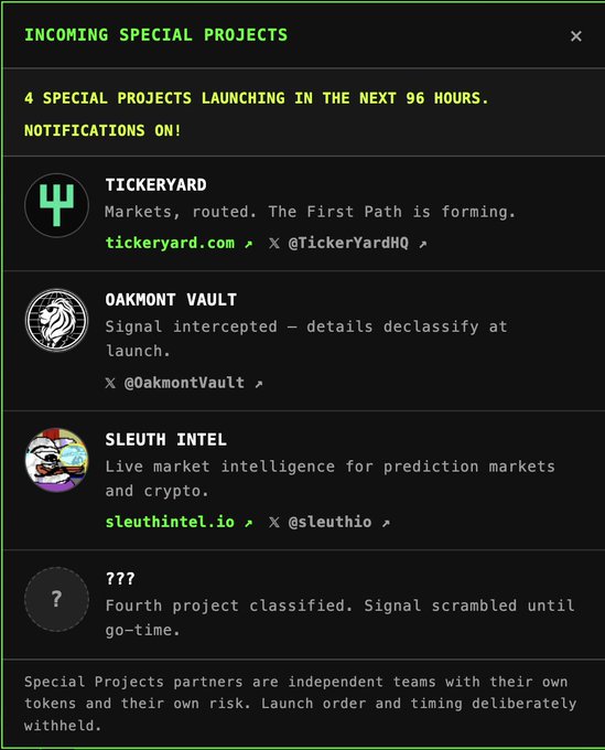 The image shows a countdown announcement of "4 SPECIAL PROJECTS LAUNCHING IN THE NEXT 96 HOURS," listing TickerYard, Oakmont Vault, Sleuth Intel, and a fourth classified project marked "???". This directly aligns with the post by revealing the three confirmed partner projects (@TickerYardHQ, @OakmontVault, @sleuthintel) alongside a mystery fourth project ("tba"), urging followers to "ape accordingly."