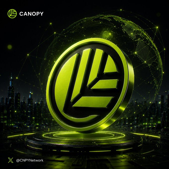 A promotional graphic for "CANOPY" (CNPYNetwork) featuring a green stylized logo coin over a digital globe and city skyline background.