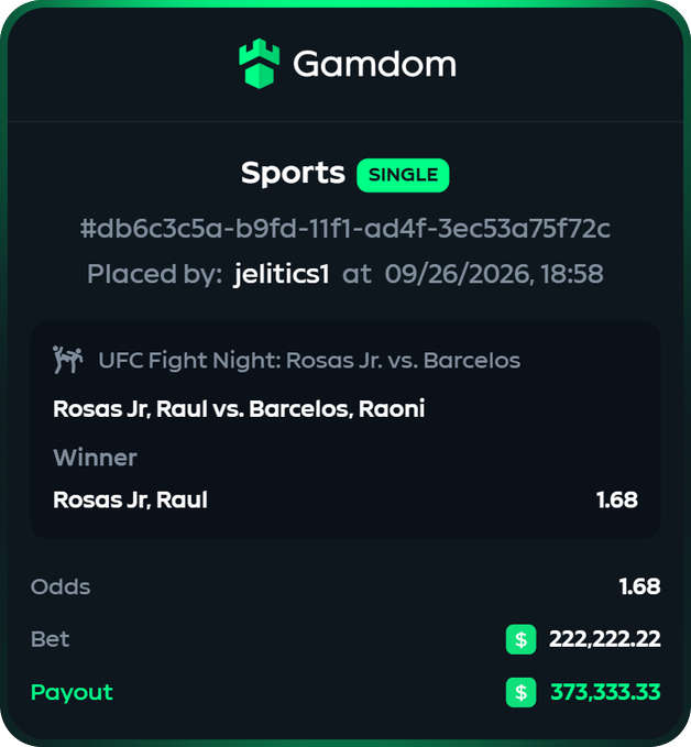 A Gamdom sports betting slip for UFC Fight Night: Rosas Jr. vs. Barcelos, placed by user 'jelitics1' on 09/26/2026, showing a winning bet on Rosas Jr, Raul with odds of 1.68, a bet of $222,222.22, and a payout of $373,333.33.