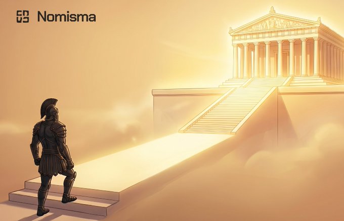 An illustration of a Greek warrior in armor approaching a glowing golden temple, with the 'Nomisma' logo in the top left corner.