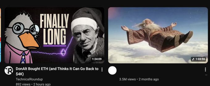 A YouTube page showing two video thumbnails: one titled "DonAlt Bought ETH (and Thinks It Can Go Back to $4K)" by TechnicalRoundup with 892 views from 2 hours ago, and another showing Santa Claus flying in the sky with 3.5M views from 2 months ago.