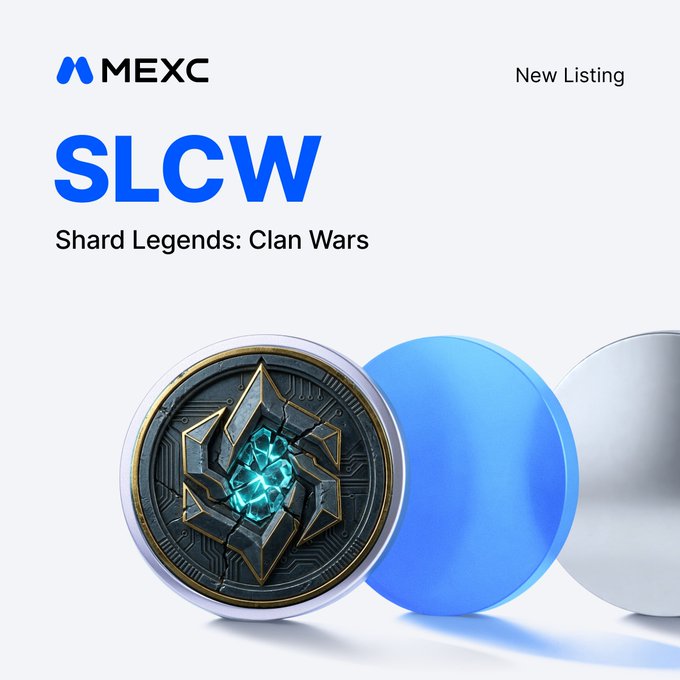MEXC announces the new listing of $SLCW (Shard Legends: Clan Wars), with $SLCW/USDT trading scheduled to begin on August 25, 2026, at 08:00 UTC, featuring a stylized emblem of a glowing blue crystal set within an ornate metallic frame.