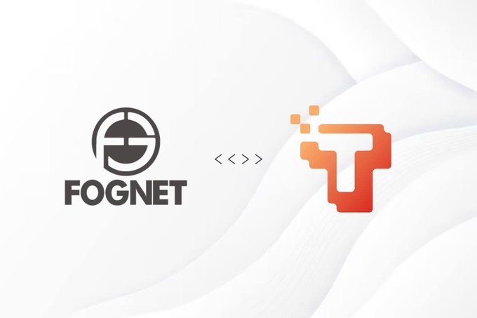 A promotional graphic showing the 'FOGNET' logo on the left connected by '< < > >' arrows to an orange pixelated 'T' logo on the right.