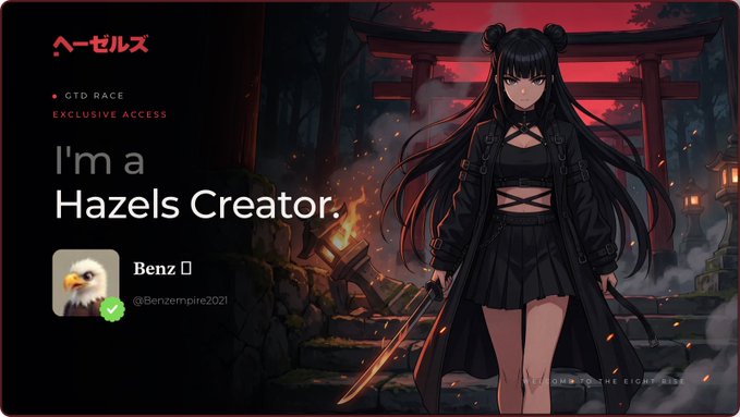 A digital banner with an anime-style female character, featuring text 'I'm a Hazels Creator' and the username 'Benz' with the handle '@Benzempire2021'.