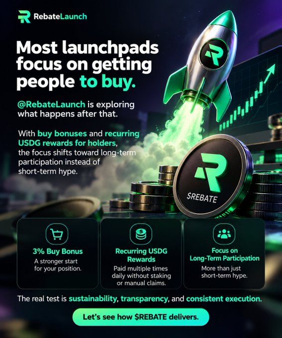 A promotional graphic for “RebateLaunch” says most launchpads focus on getting people “to buy,” and highlights a “3% Buy Bonus,” “Recurring USDG Rewards,” and “Focus on Long-Term Participation.”