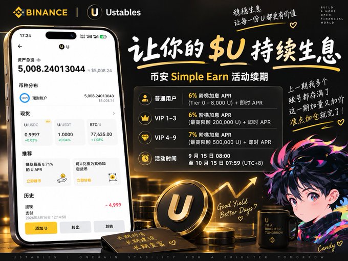 A Binance promotional graphic for the 'Ustables' Simple Earn campaign, advertising 6% tiered APR (up to 7% for VIP 4-9) on holdings like USDC, USDT, and BTC, running from September 15 at 08:00 to October 15 at 07:59 (UTC+8), featuring anime-style artwork and a phone mockup showing a portfolio balance.