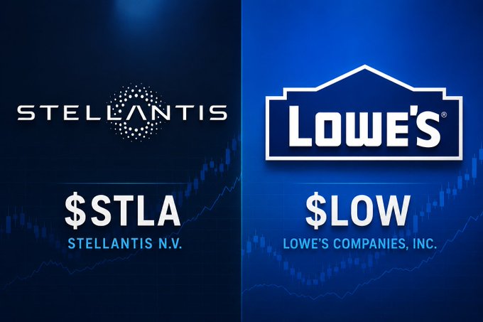 The image displays stock ticker graphics for Stellantis N.V. ($STLA) and Lowe's Companies, Inc. ($LOW), which appear unrelated to the post's discussion of Zeta Global ($ZETA) and its partnership with Palantir involving major advertisers.
