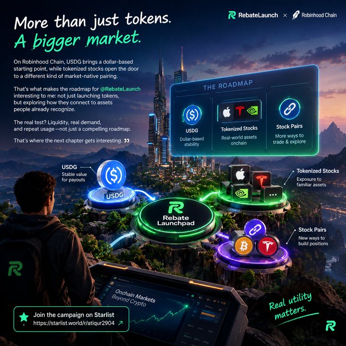 A promotional graphic for RebateLaunch on Robinhood Chain reading “More than just tokens. A bigger market.” and showing USDG, tokenized stocks, and stock pairs on a “THE ROADMAP” panel.