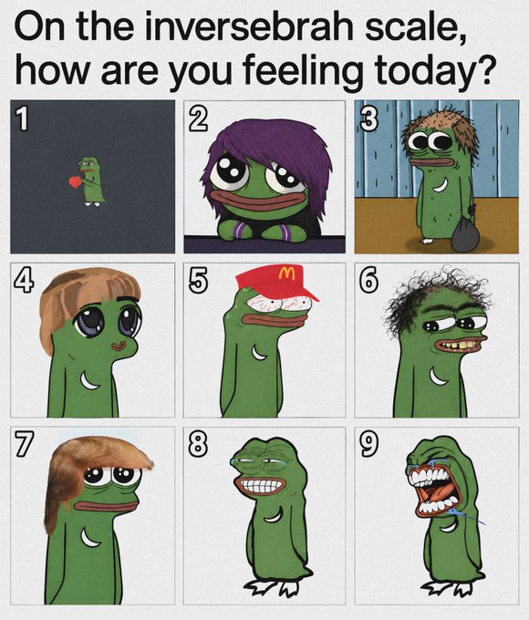 A meme titled 'On the inversebrah scale, how are you feeling today?' showing a 1-9 scale of increasingly distressed Pepe the Frog variants.