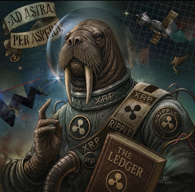 A detailed digital illustration of a walrus astronaut in a space suit labeled 'XRP' and 'RIPPLE', holding 'THE LEDGER' book, with the Latin phrase 'AD ASTRA PER ASPERA' on a banner and a space scene behind.