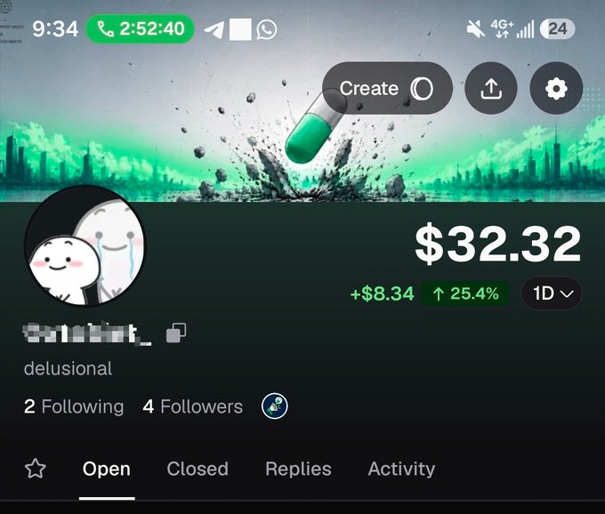 A mobile app screenshot displaying a profile for 'delusional' with a sad-face cartoon avatar, showing a balance of $32.32 (+$8.34, +25.4%) over 1 day.