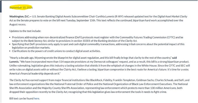 A September 10, 2020 announcement from Senator Cynthia Lummis (R-WY) reveals updated text for the Digital Asset Market Clarity Act ahead of a Senate vote on September 15th, incorporating 114+ Democrat-requested provisions covering DeFi registration with the CFTC, digital commodity clarifications, and credit union powers. The post highlights how major institutions like BlackRock, Fidelity, Franklin Templeton, Goldman Sachs, Charles Schwab, and SoFi, along with law enforcement groups like the National Sheriffs Association and Fraternal Order of Police, have dropped their opposition to support the bill.