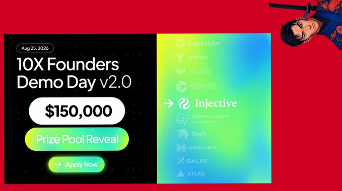 A promotional graphic for '10X Founders Demo Day v2.0' on Aug 25, 2026, announcing a '$150,000 Prize Pool Reveal' with an 'Apply Now' button, set against a red background with a samurai illustration and a list of partners including Injective, Cointelegraph, and Sonic.