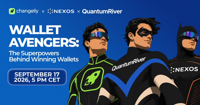 A promotional graphic for 'Wallet Avengers: The Superpowers Behind Winning Wallets' featuring comic-book style characters branded with Changelly, NEXOS, and QuantumRiver logos, scheduled for September 17, 2026, 5 PM CET.
