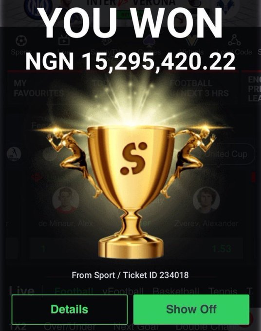 A celebratory screenshot displays a glowing gold trophy with "YOU WON" and "NGN 15,295,420.22" prominently featured, crediting Sport/Ticket ID 234018. The image aligns with the post's message, announcing the win of approximately 15.2M and offering 30k to the first 90 people who like and retweet.