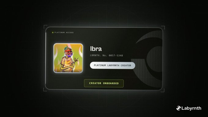 A digital 'Platinum Access' creator card for 'Ibra' on the Labyrinth platform, featuring a cartoon character profile and a 'Creator Onboarded' status badge.
